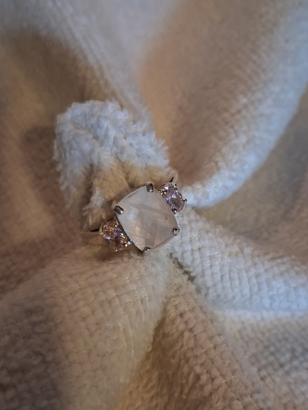 Sterling Silver White Cushion-Cut Stone Ring with Pink Side Stones Size 8